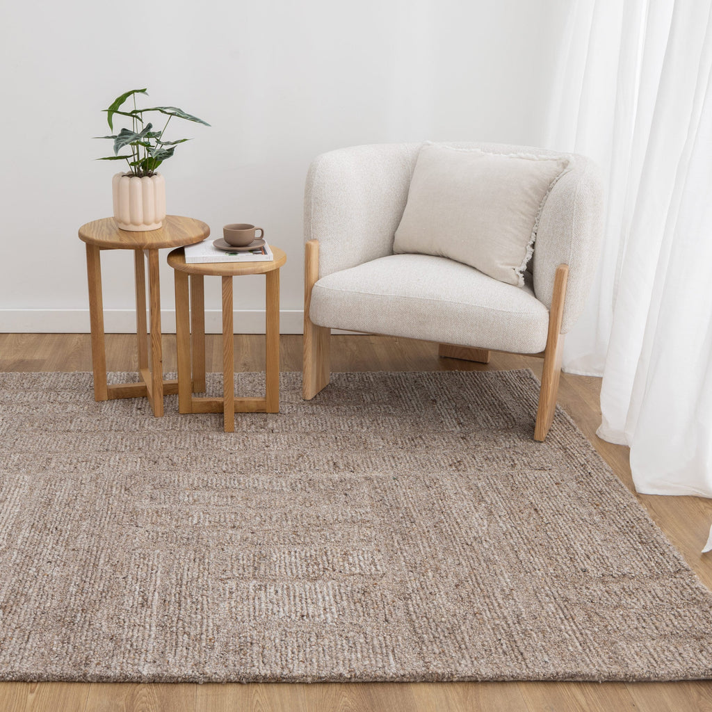 Seren Cocoa Modern Wool Rug styled with furniture