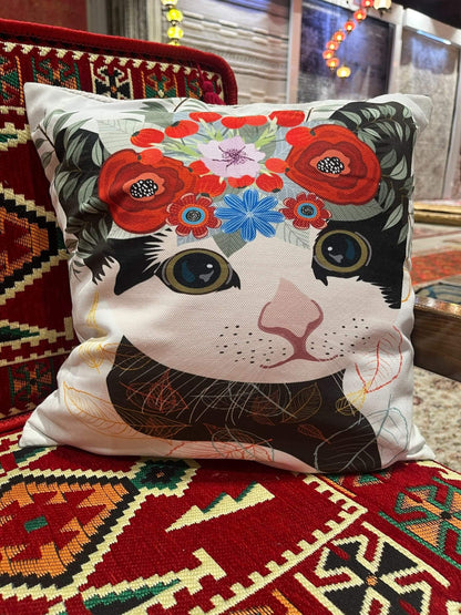 Cat Design Cushion (Flowers)-Cat Cushions, Cat Cushion Gifts, Gift Ideas, Christmas Gift ideas-Bazaar G Rugs N Gifts