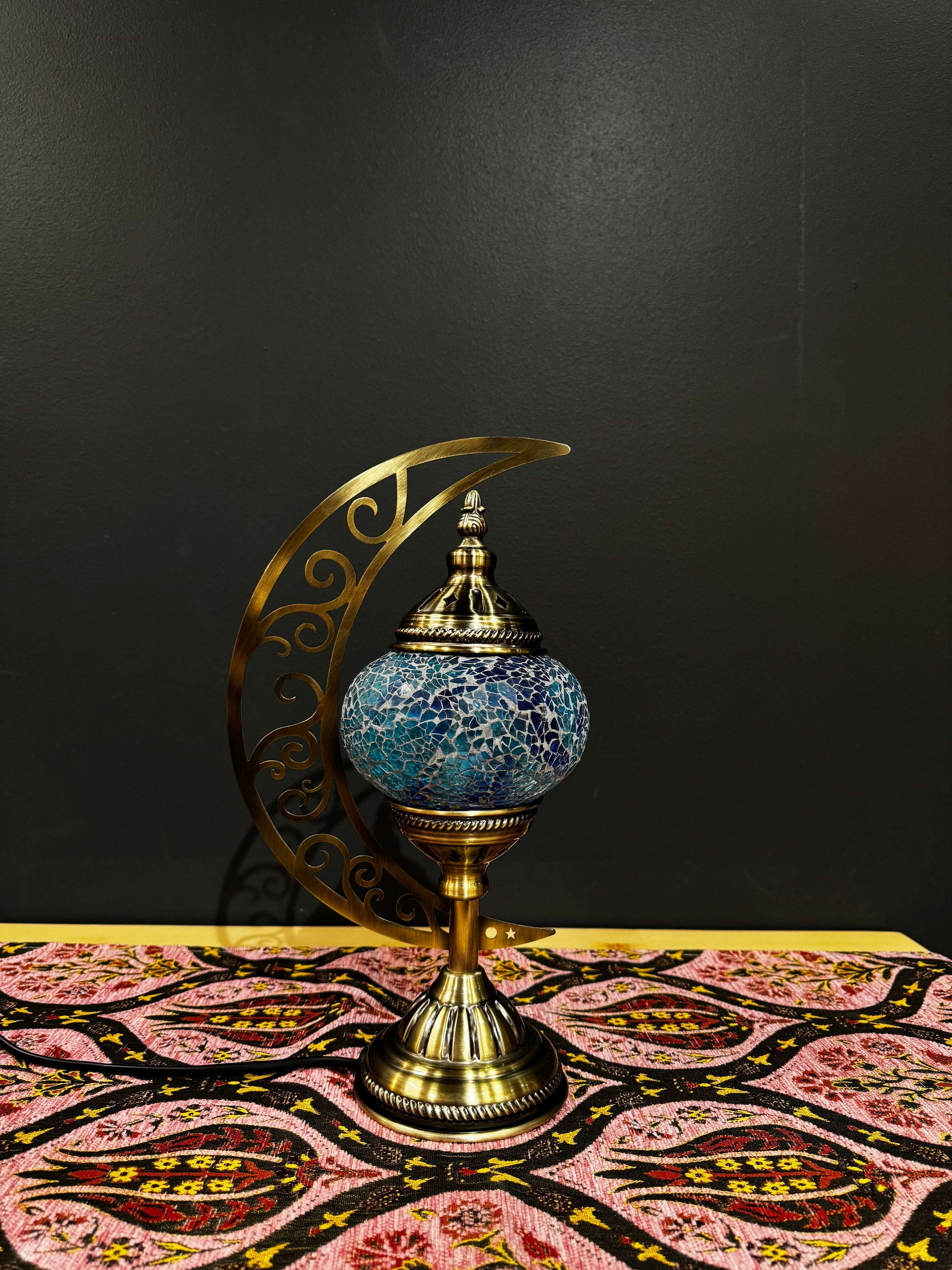 Celestial Blue Turkish Mosaic Lamp - Crescent Moon Design-Shop the Celestial Blue Turkish Mosaic Lamp! Features soft blue and white crackled mosaic design with a crescent moon stand. Includes LED bulb. Perfect for gifting or home decor.-Bazaar G Rugs N Gi