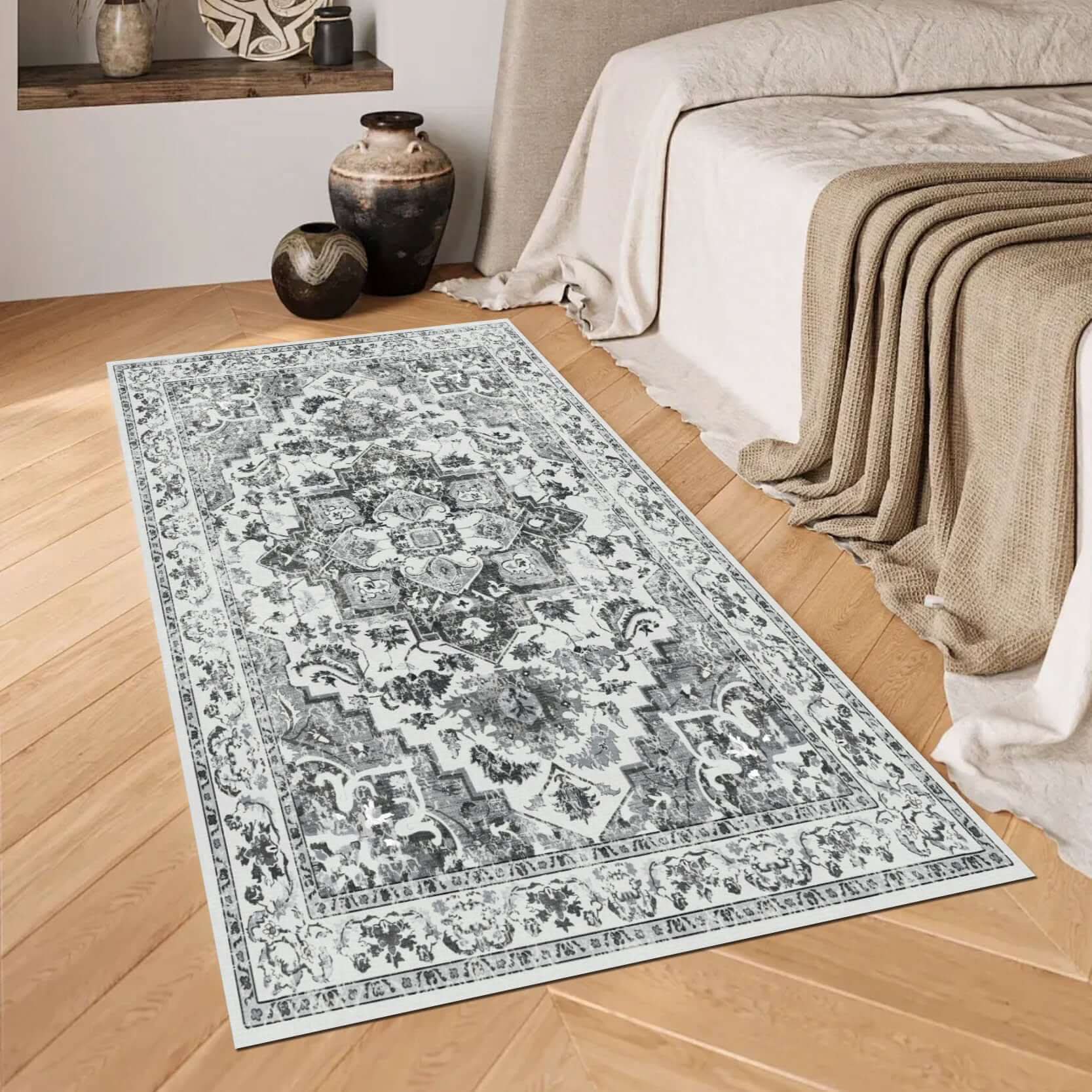Classic Monochrome Floral Medallion Rug