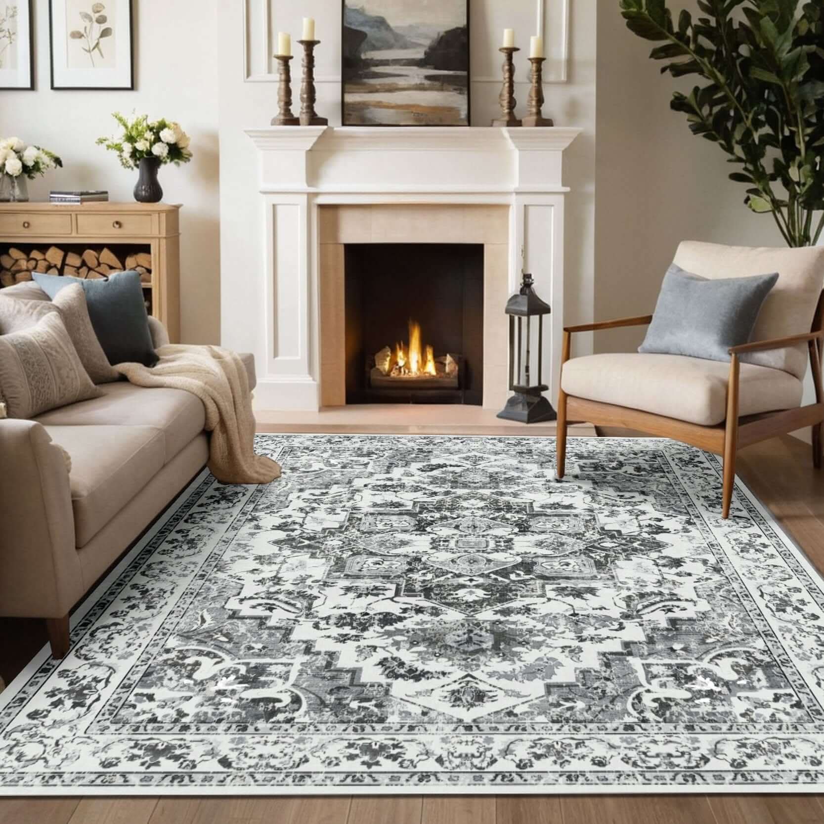 Classic Monochrome Floral Medallion Rug