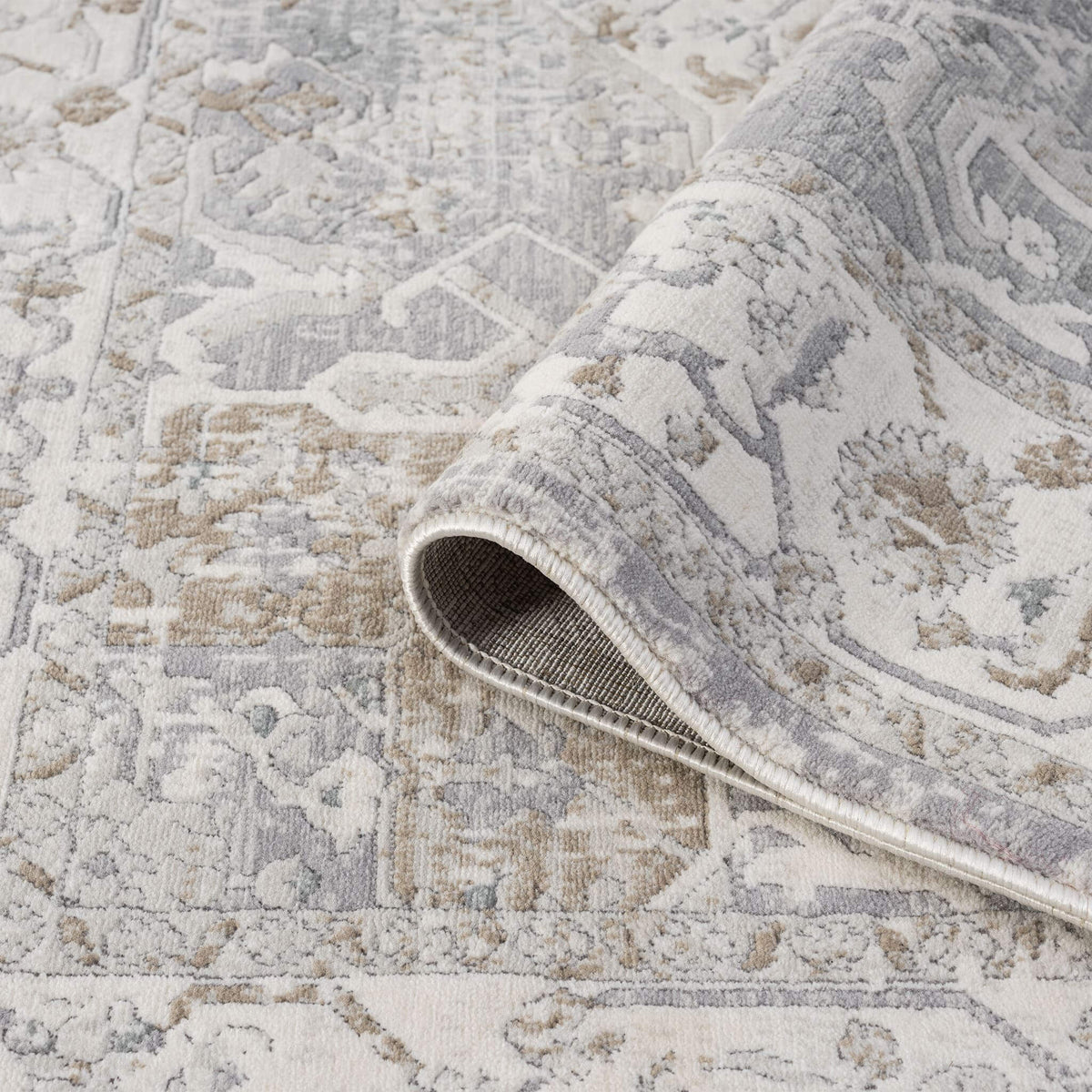Cream Area Rug with plush, non-shed pile and all-side binding. Power-loomed in Türkiye for durable, easy-care elegance in living rooms and bedrooms.