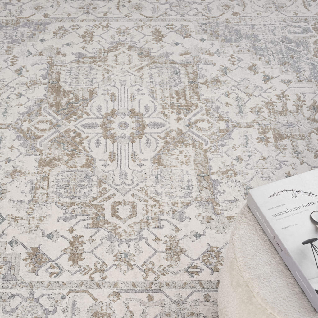 Cream Area Rug with plush, non-shed pile and all-side binding. Power-loomed in Türkiye for durable, easy-care elegance in living rooms and bedrooms.