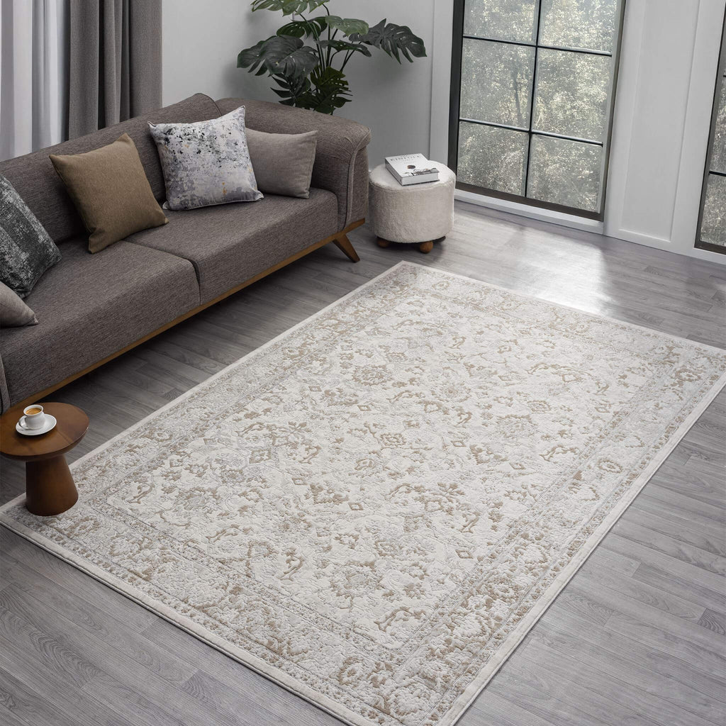 Cream Area Rug with plush, non-shed pile and all-side binding. Power-loomed in Türkiye for durable, easy-care elegance in modern living spaces