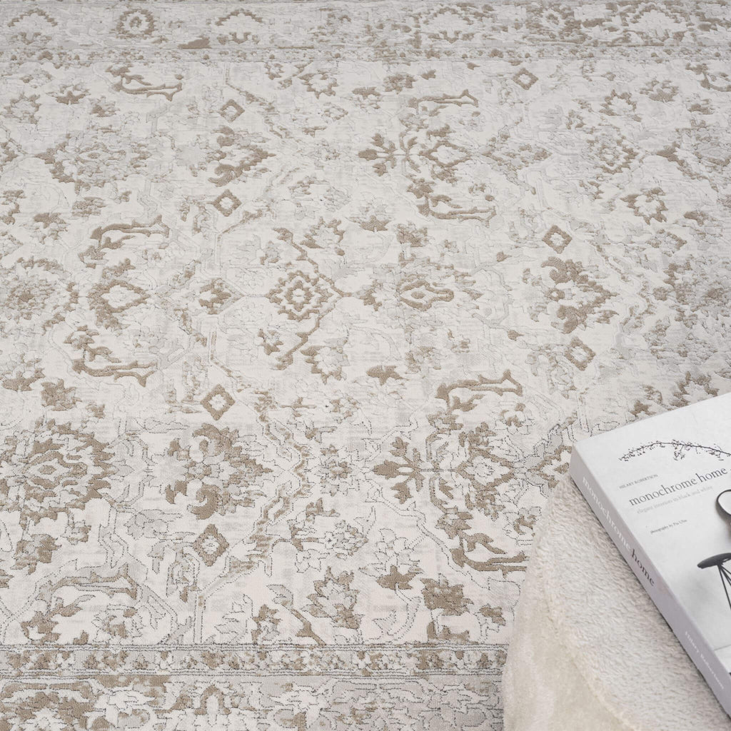 Cream Area Rug with plush, non-shed pile and all-side binding. Power-loomed in Türkiye for durable, easy-care elegance in modern living spaces
