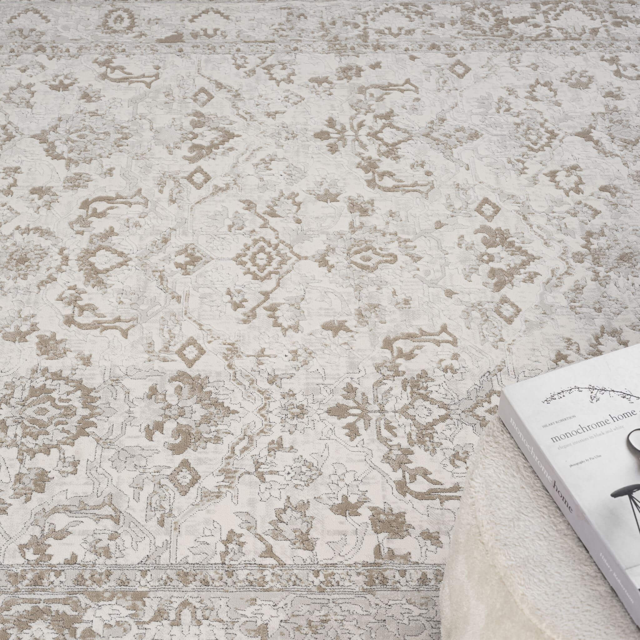 Cream Area Rug with plush, non-shed pile and all-side binding. Power-loomed in Türkiye for durable, easy-care elegance in modern living spaces
