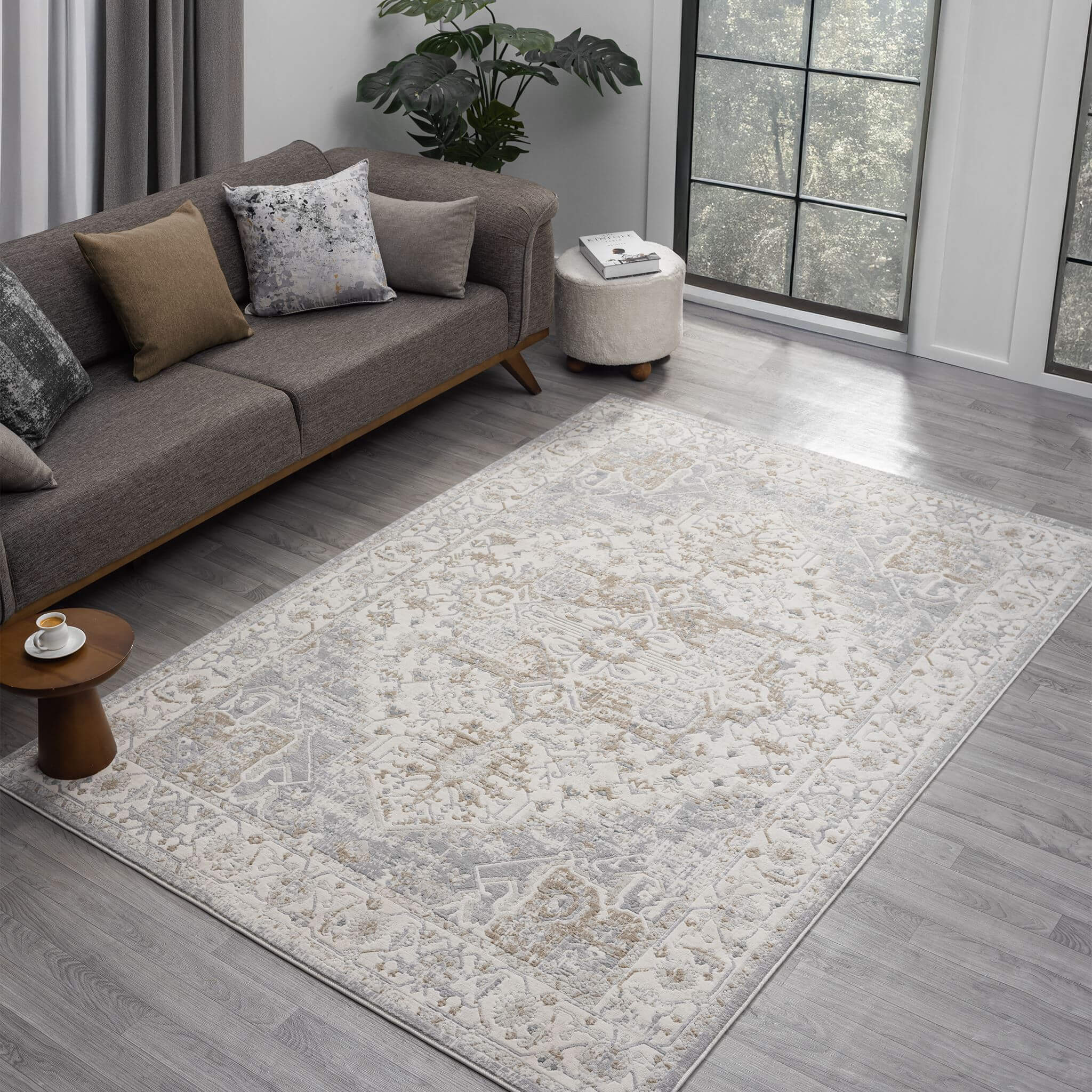 Cream Area Rug with plush, non-shed pile and all-side binding. Power-loomed in Türkiye for durable, easy-care elegance in living rooms and bedrooms.