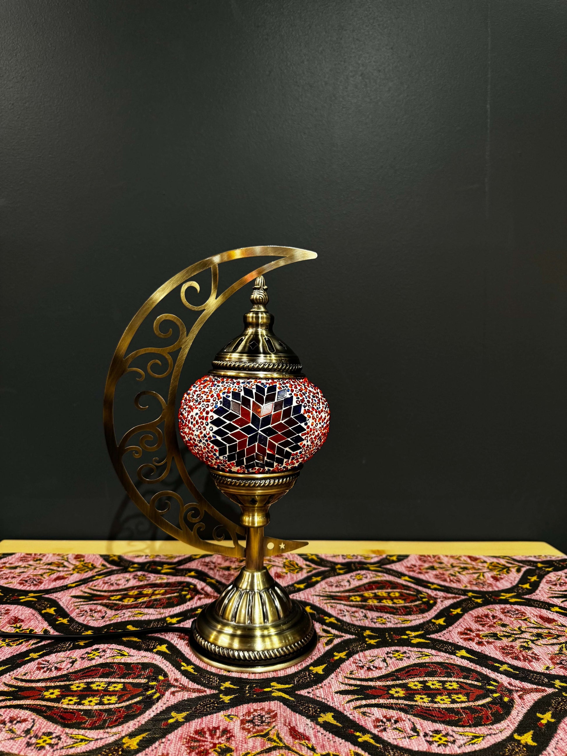 Crimson Star Turkish Mosaic Lamp - Crescent Moon Design-Shop the Crimson Star Turkish Mosaic Lamp! Features a bold red, blue, and gold star mosaic design with a crescent moon stand. Includes LED bulb.-Bazaar G Rugs N Gifts
