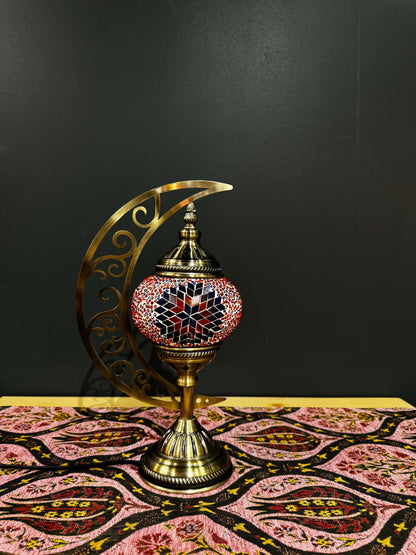 Crimson Star Turkish Mosaic Lamp - Crescent Moon Design-Shop the Crimson Star Turkish Mosaic Lamp! Features a bold red, blue, and gold star mosaic design with a crescent moon stand. Includes LED bulb.-Bazaar G Rugs N Gifts