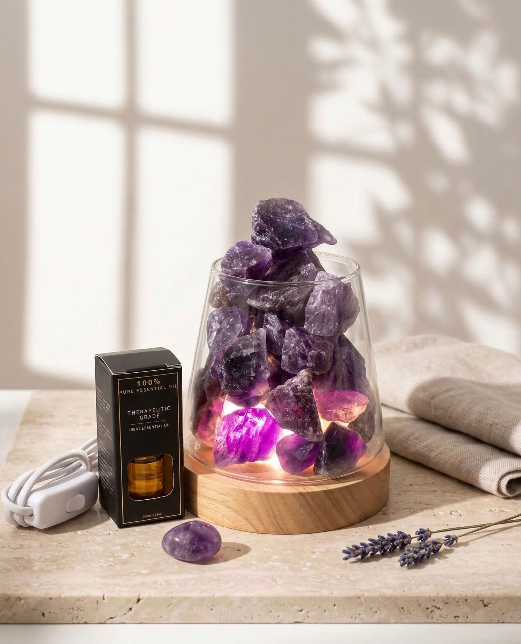 Crystal Stone Essential Oil Diffuser Lamp with purple crystals and essential oil box on a table.