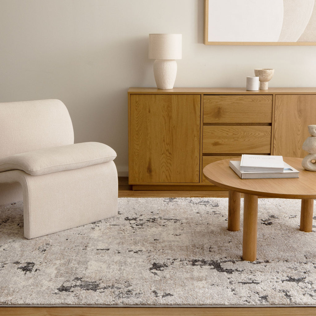 Dorado D007 Grey Beige Textured Abstract Rug styled with furniture