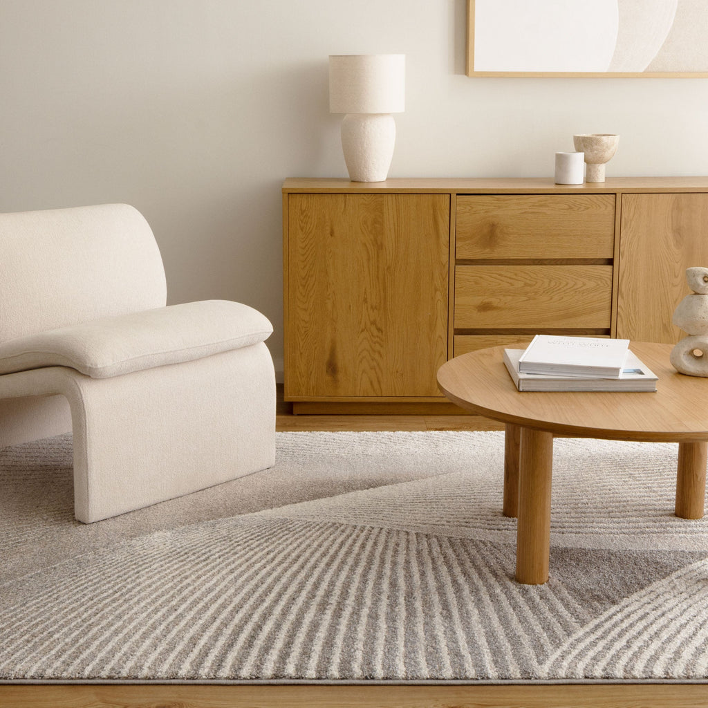 Dorado D009 Grey Beige Abstract Contour Rug styled with furniture