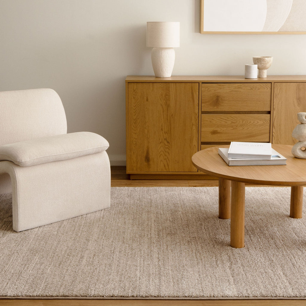 Dorado D010 Beige Minimalist Rug styled with furniture