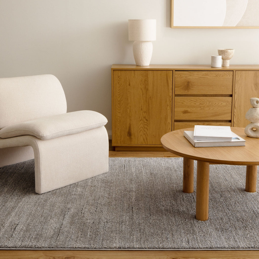 Dorado D011 Grey Minimalist Rug styled with furniture