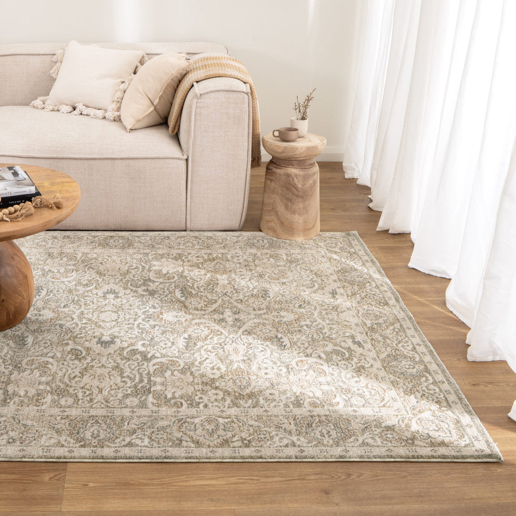 Delphine D102 Green Beige Vintage Rug styled with furniture