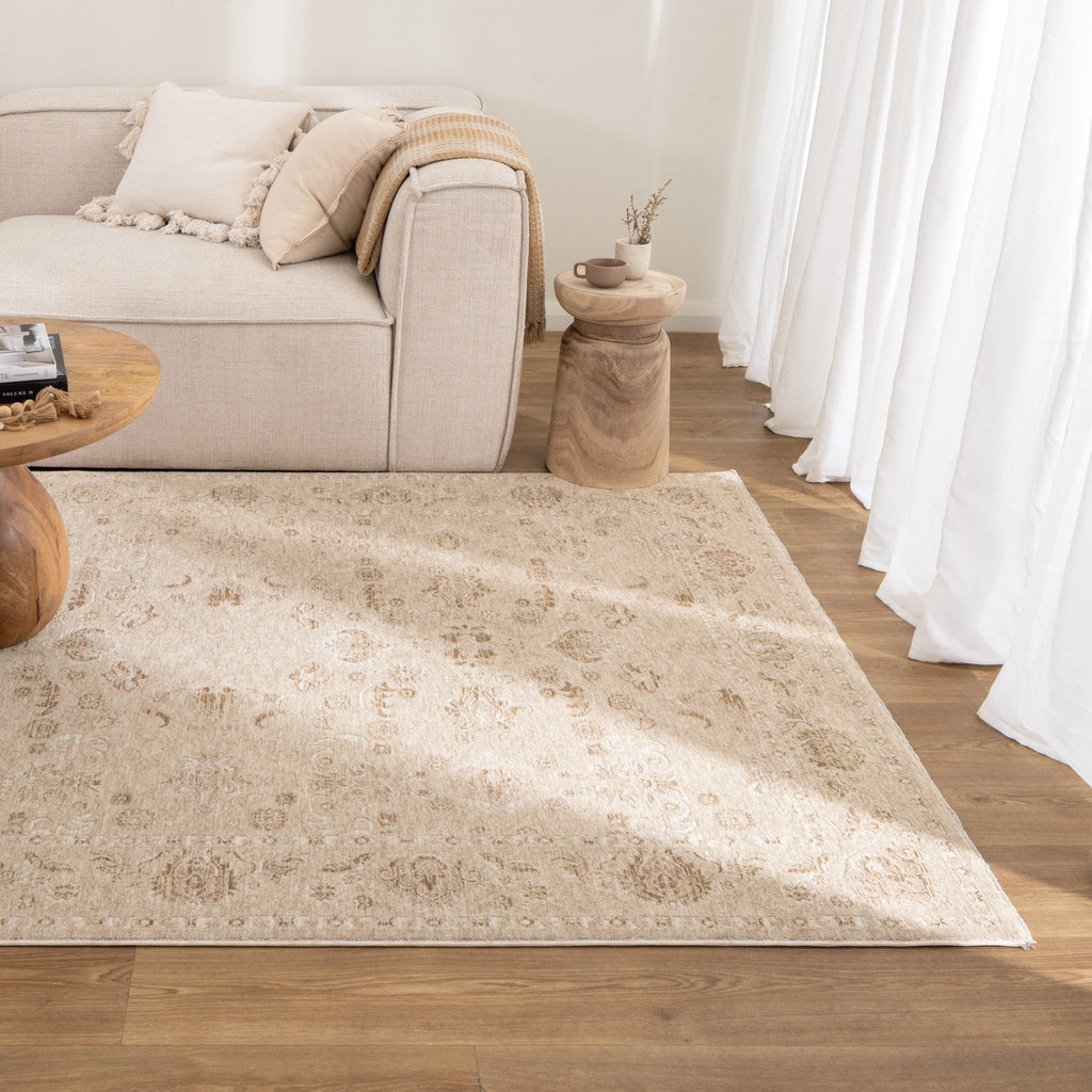 Delphine D103 Warm Biscotti Beige Vintage Rug styled with furniture