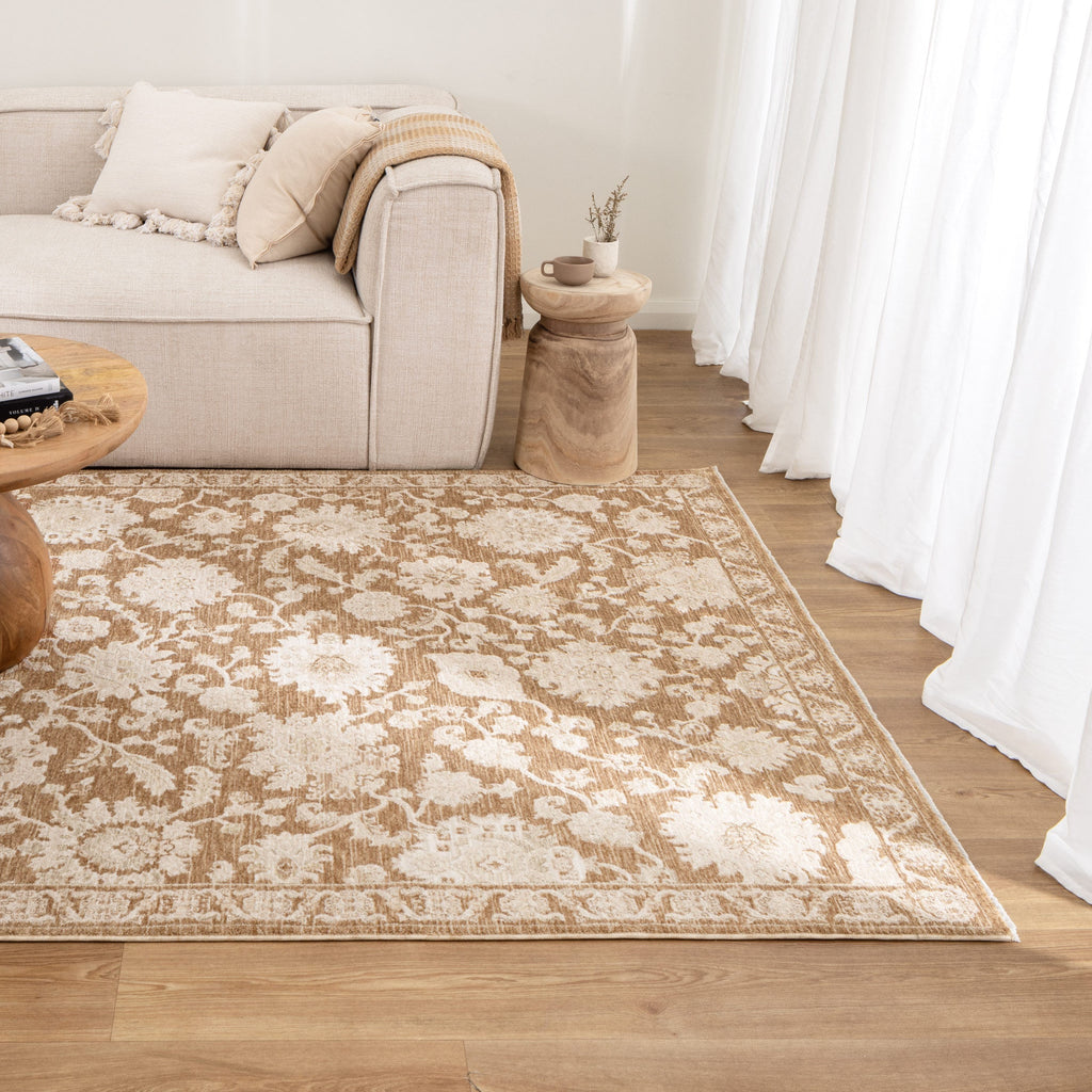 Delphine D105 Toffee Vintage Rug styled with furniture