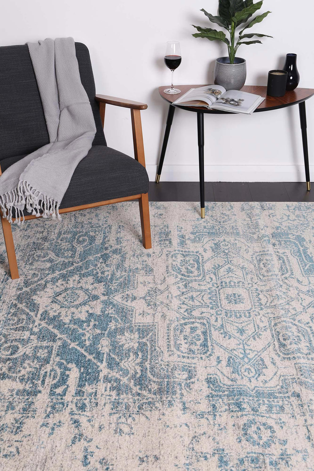 Delicate Audrey Ivory & Blue Rug - DEL19 styled with furniture