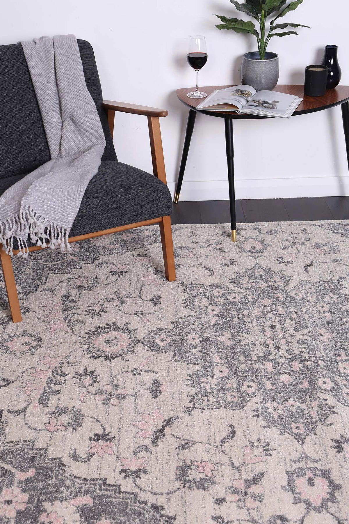Delicate Madeleine Grey & Ivory Rug -  DEL25 styled with furniture
