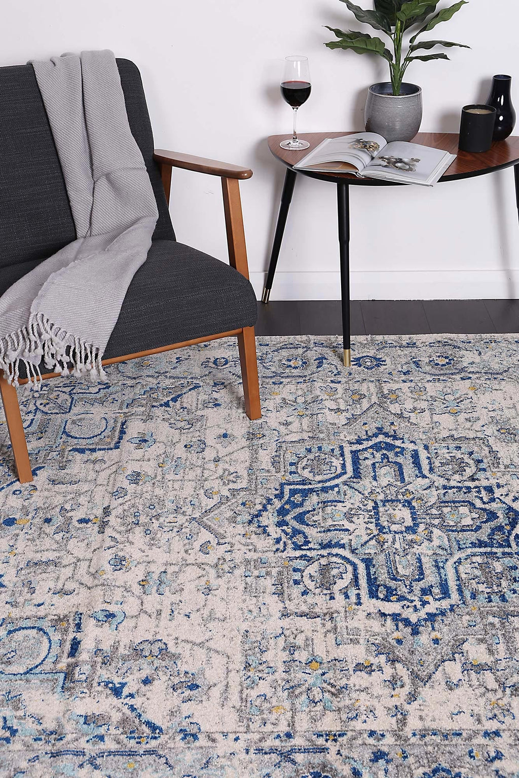 Delicate Montana Ivory & Blue Rug -  DEL26 styled with furniture