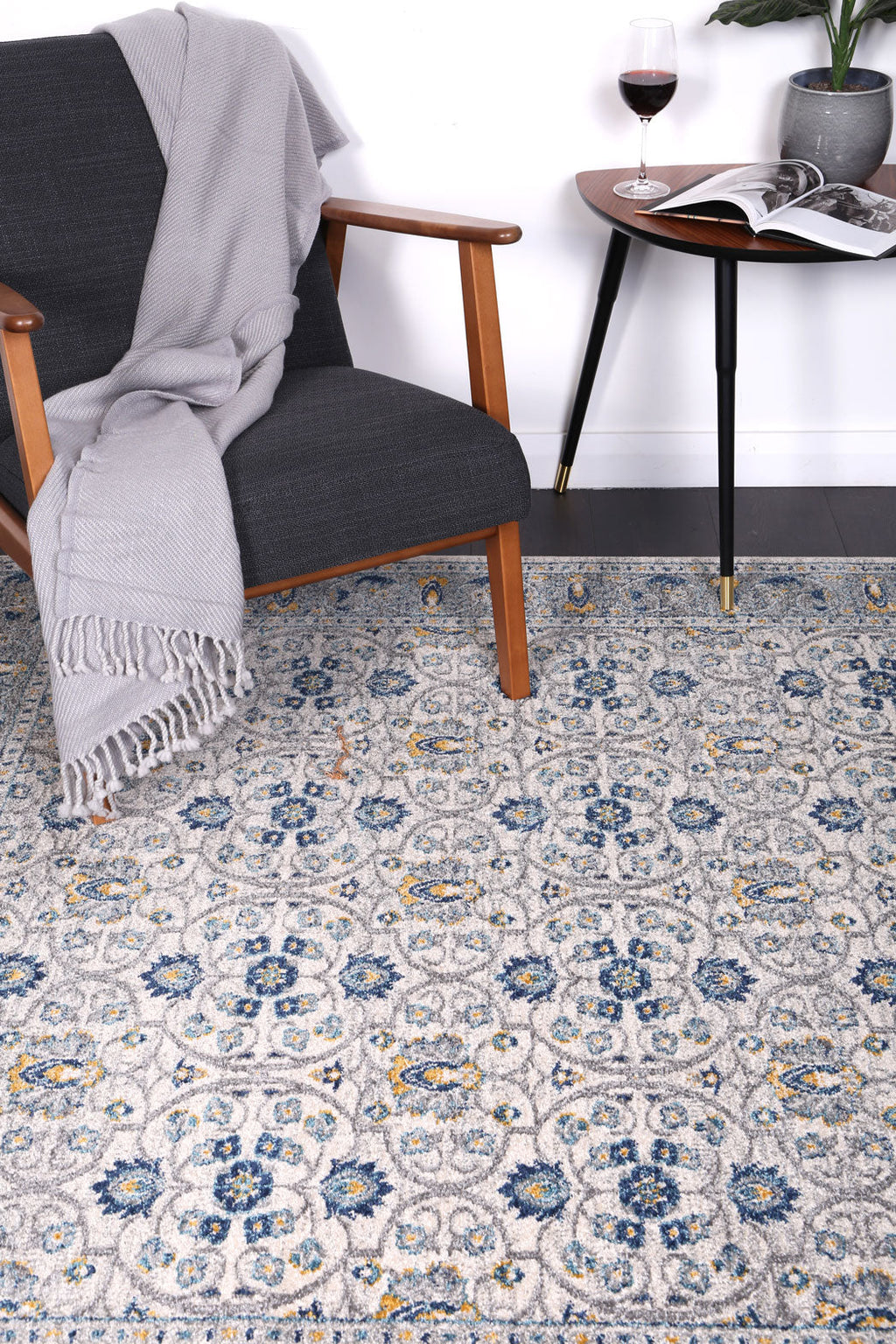 Delicate Rustic Blue Rug - DELI03 styled with furniture