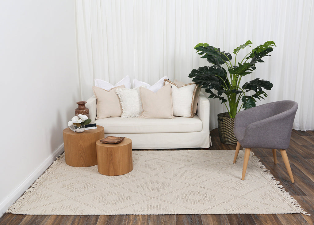 Diego Geometric Beige Wool Rug - DIEG04 styled with furniture