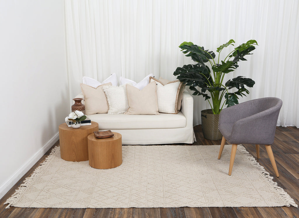 Diego Inca Beige Wool Rug - DIEG01 styled with furniture