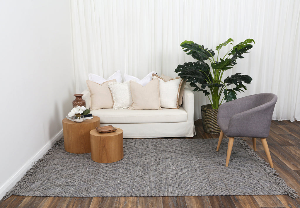Diego Inca Grey Multi Wool Rug - DIEG01 styled with furniture