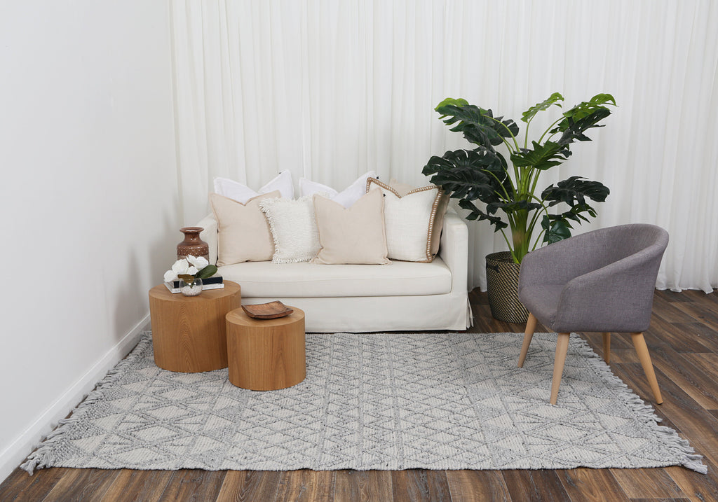 Diego Inca Grey Wool Rug - DIEG01 styled with furniture