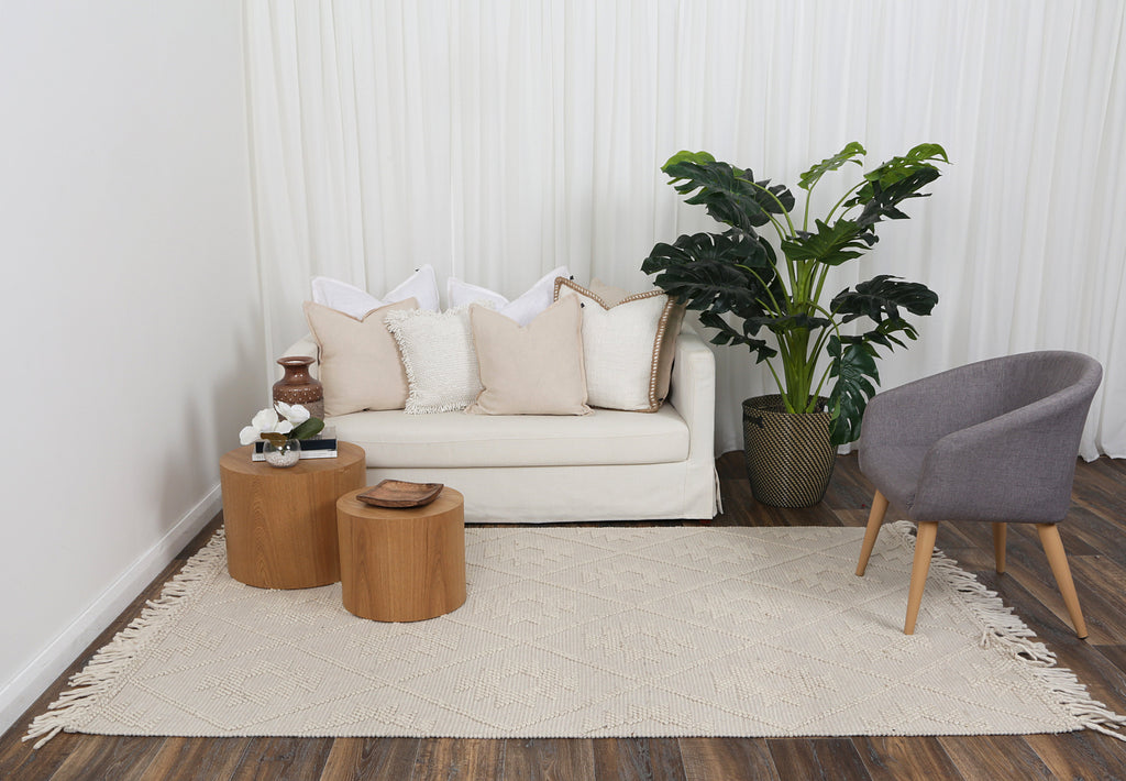 Diego Tribal Beige Wool Rug - DIEG02 styled with furniture