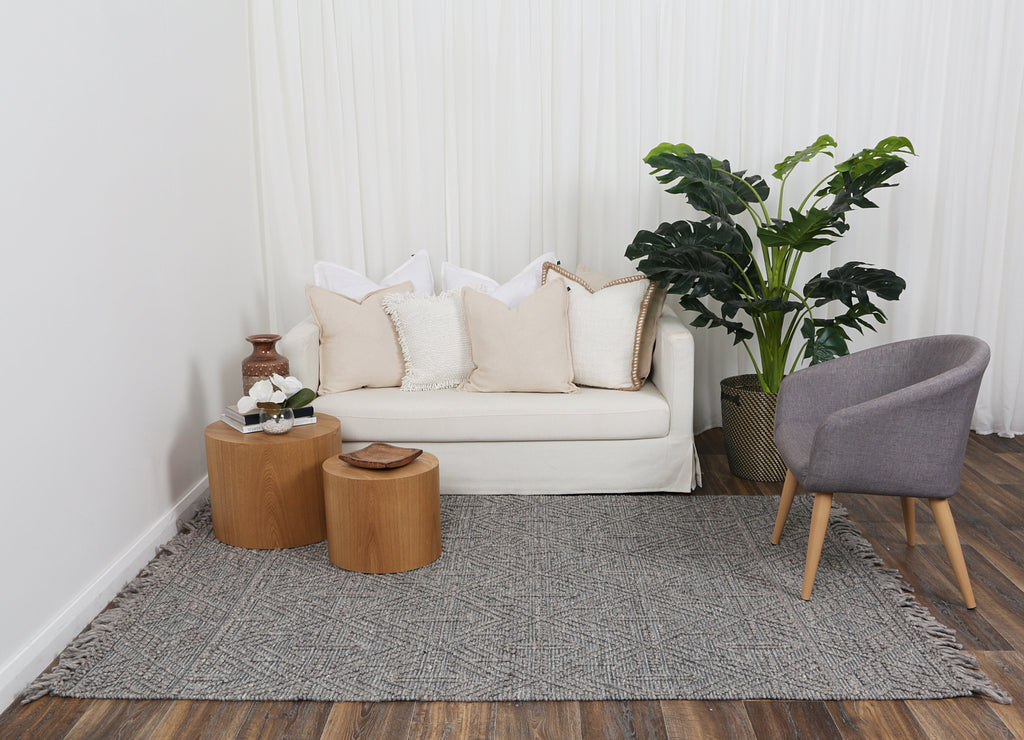 Diego Tribal Grey Multi Wool Rug - DIEG02 styled with furniture