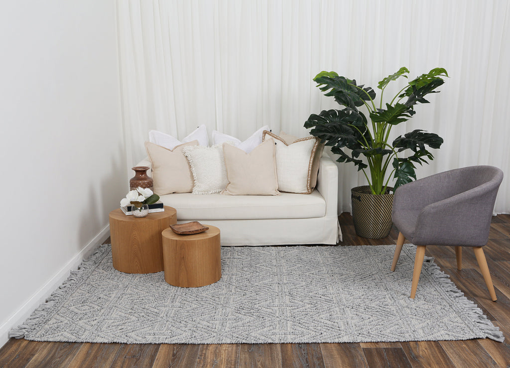 Diego Tribal Grey Wool Rug - DIEG02 styled with furniture