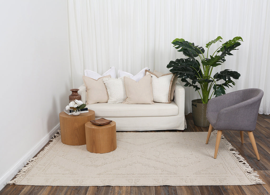 Diego Ornamental Beige Wool Rug - DIEG03 styled with furniture