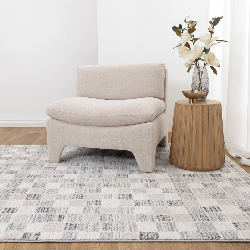 Dorado Grey Beige Checkered Rug - D004 styled with furniture