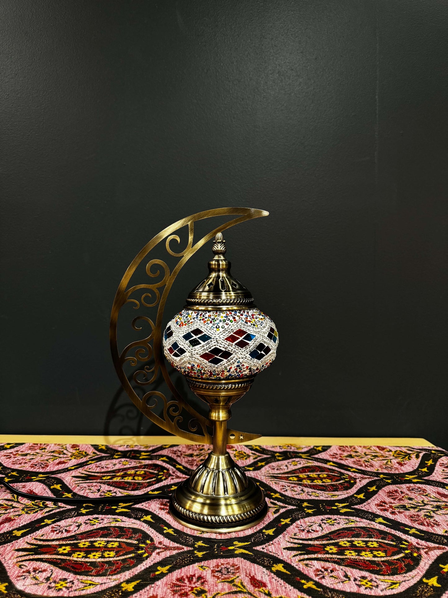 Diamond Gleam Turkish Mosaic Lamp - Crescent Moon Design-Shop the Diamond Gleam Turkish Mosaic Lamp! Features a multicolored diamond mosaic pattern with a crescent moon stand. Includes LED bulb. Perfect for decor or gifting.-Bazaar G Rugs N Gifts