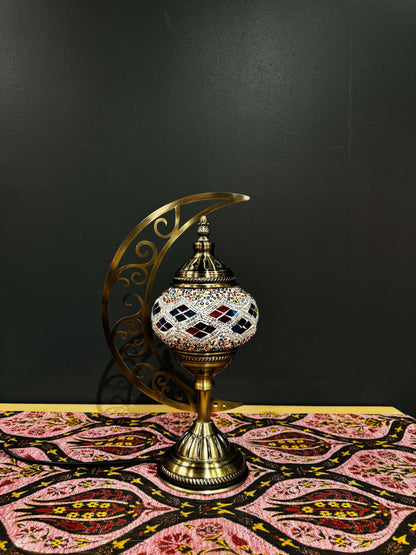Diamond Gleam Turkish Mosaic Lamp - Crescent Moon Design-Shop the Diamond Gleam Turkish Mosaic Lamp! Features a multicolored diamond mosaic pattern with a crescent moon stand. Includes LED bulb. Perfect for decor or gifting.-Bazaar G Rugs N Gifts