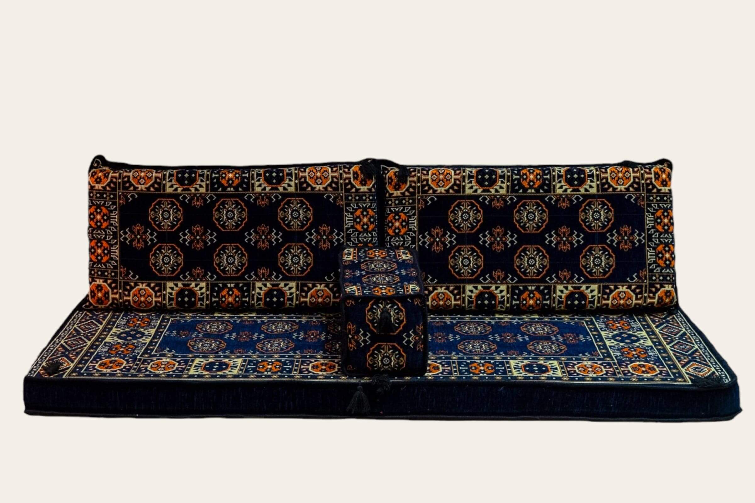 Arabian Majlis Divan Set – Navy Diamond Turkish Floor Cushion Set with intricate patterns and premium materials.