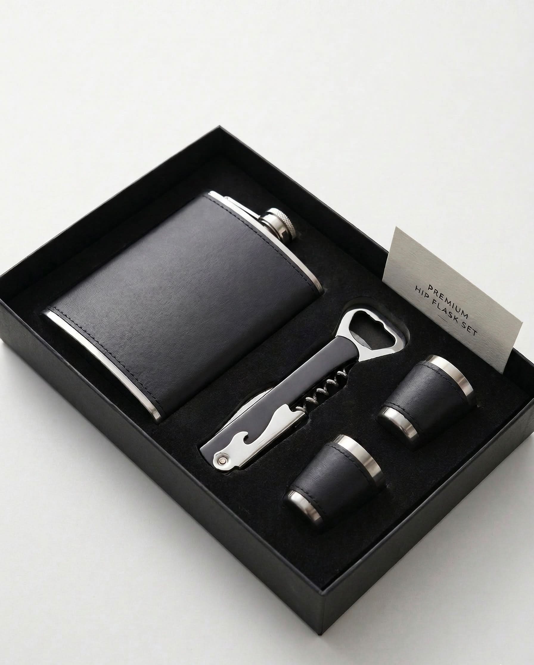 Hip Flask Gift Set with Shot Glasses and Corkscrew neatly arranged in an elegant black box.