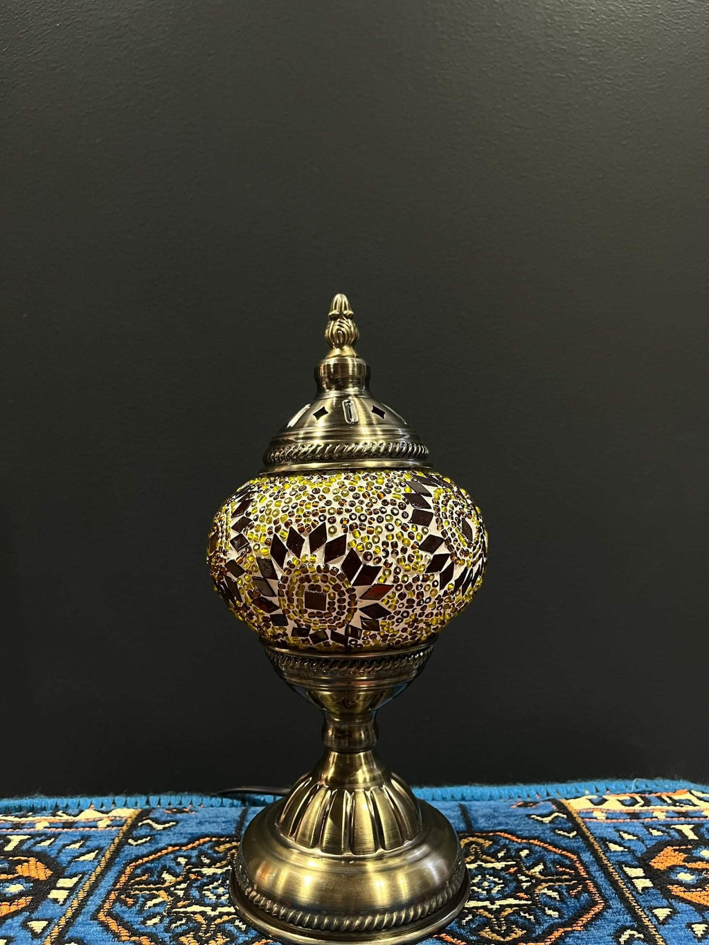 Mosaic Table Lamp with vibrant glass patterns, featuring warm colors and traditional Turkish design details.