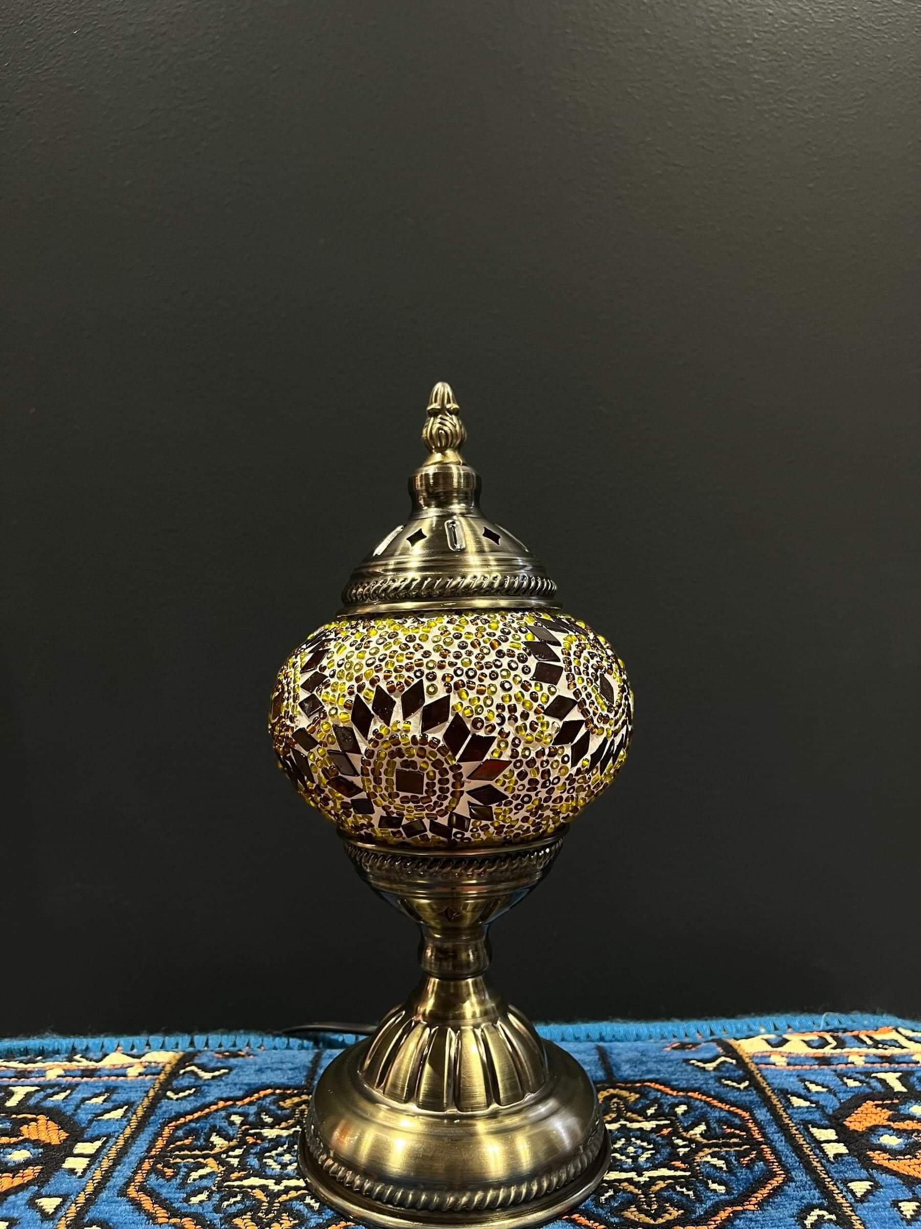 Mosaic Table Lamp with vibrant glass patterns, featuring warm colors and traditional Turkish design details.