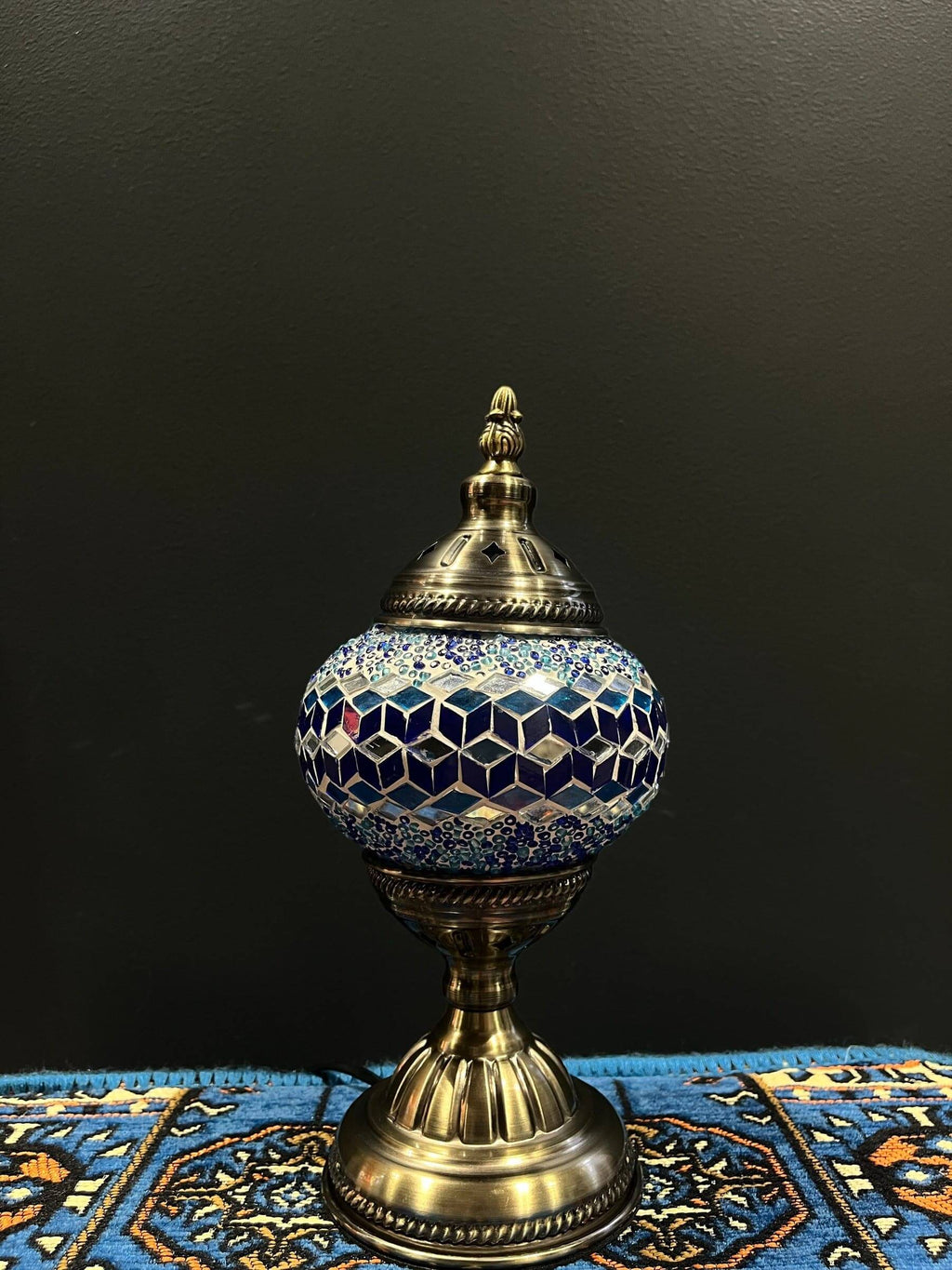 Mosaic Table Lamp Blue Diamond with vibrant glass mosaic and brass base, showcasing traditional Turkish design.