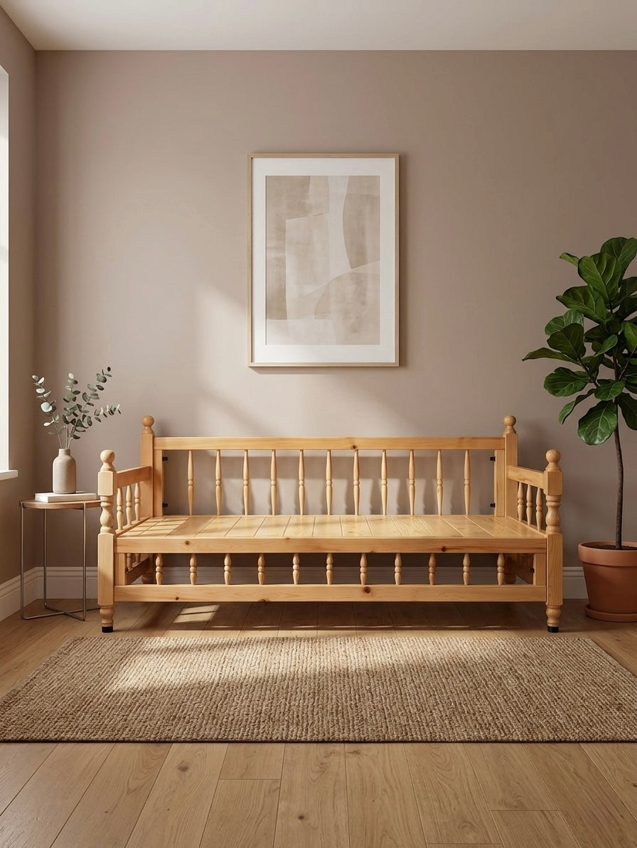 Natural Wood Sedir Bench in a cozy living space with light wood finish and natural decor.