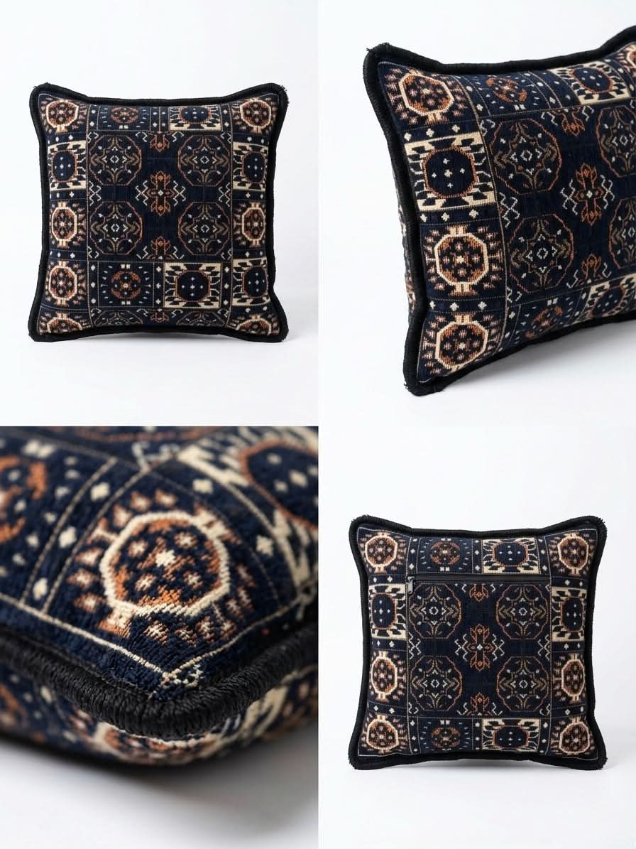 Navy Diamond Kilim Cushion showcasing artisanal pattern and textured design, perfect 40x40cm throw pillow for stylish decor.