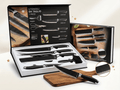 Premium 7 Piece Kitchen Knife Set displayed in a box with 7 essential knives and scissors on a wooden cutting board.