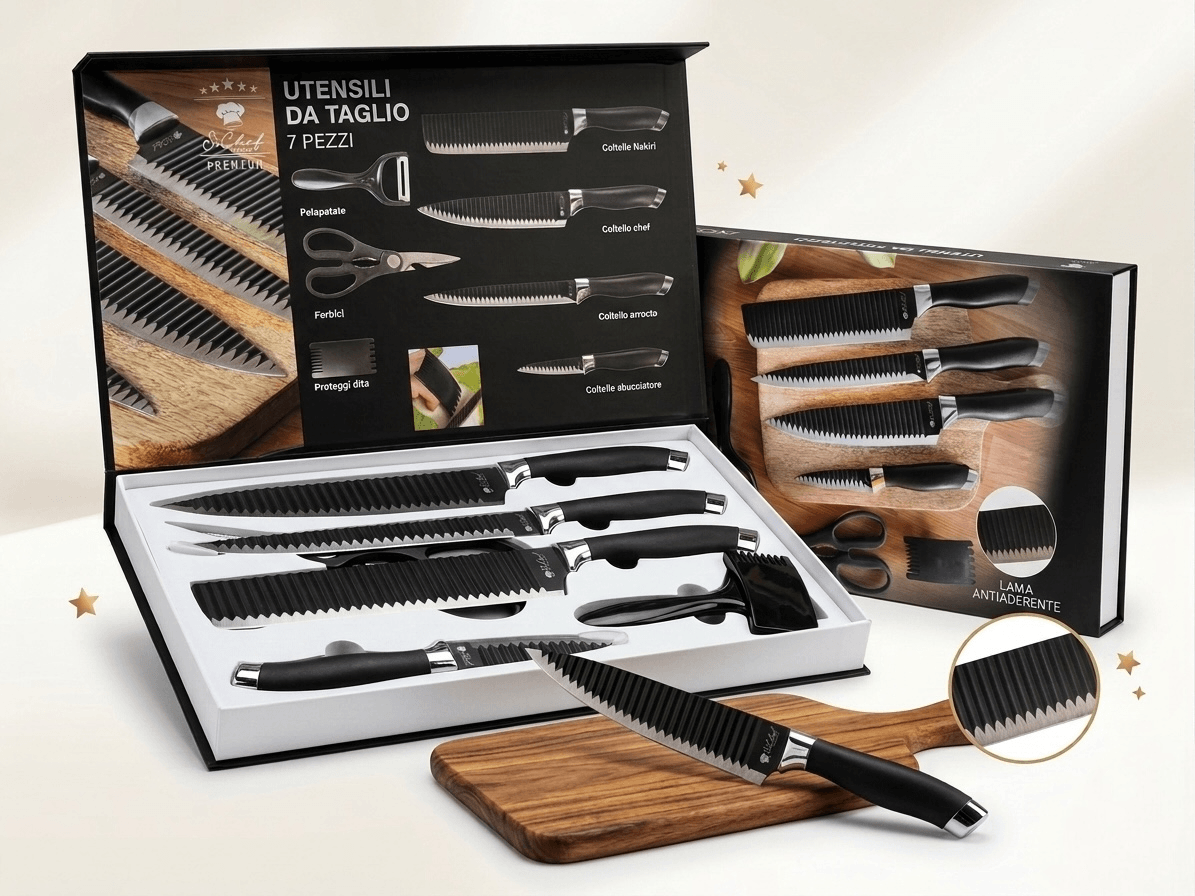 Premium 7 Piece Kitchen Knife Set displayed in a box with 7 essential knives and scissors on a wooden cutting board.