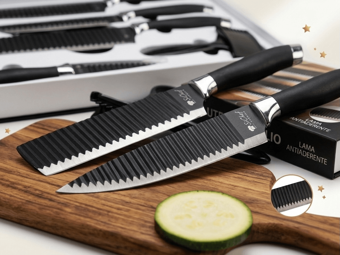 Premium 7 Piece Kitchen Knife Set displayed on a wooden board with a sliced cucumber.