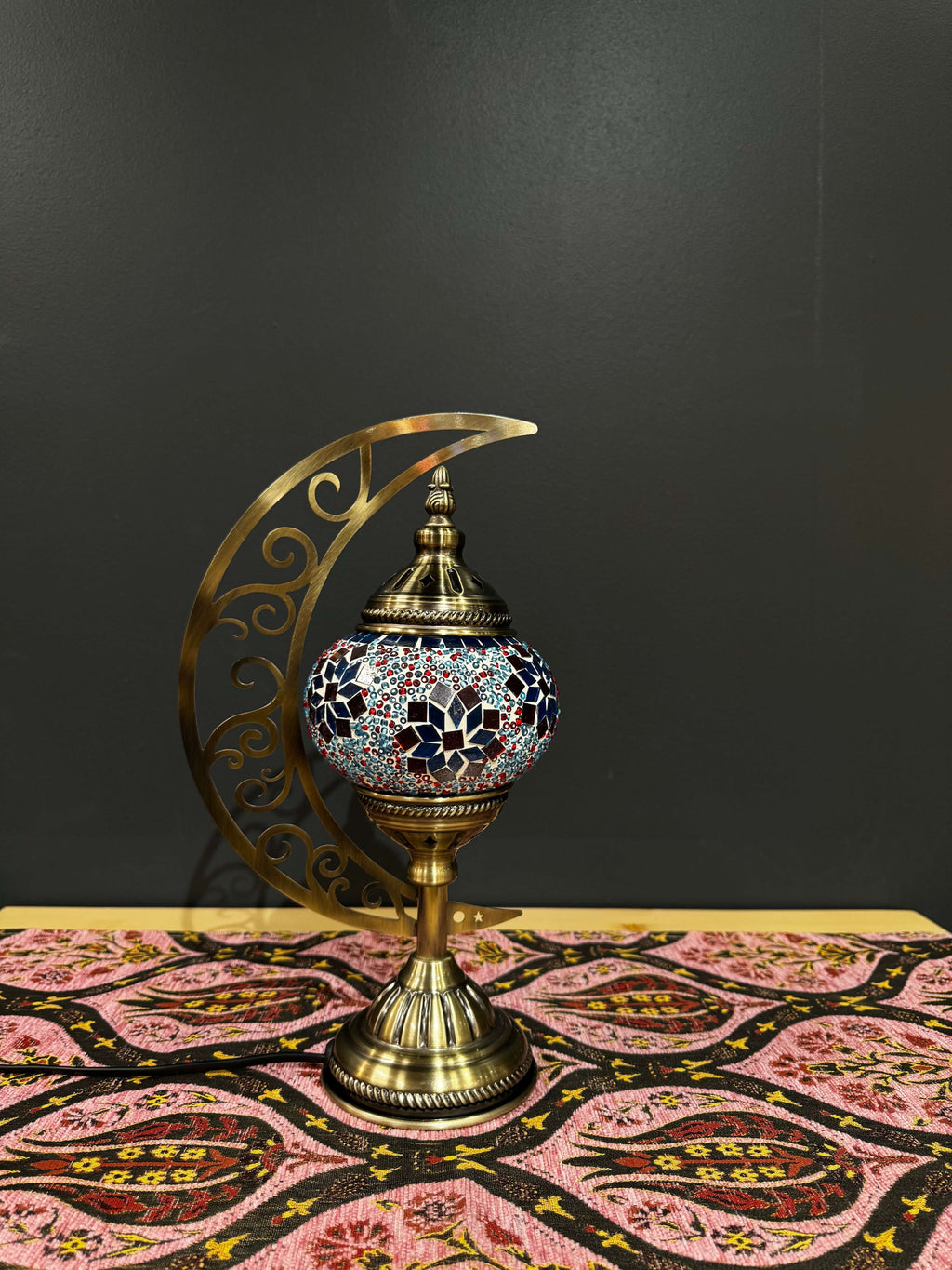 Ruby Blossom Turkish Mosaic Lamp - Crescent Moon Design
