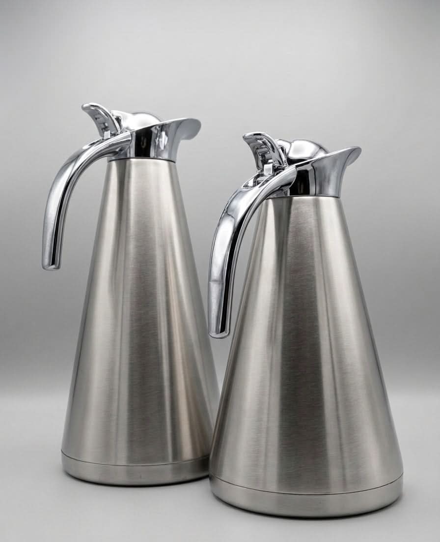 Stainless Steel Vacuum Jug Set featuring two sleek insulated thermal carafes with chrome accents.