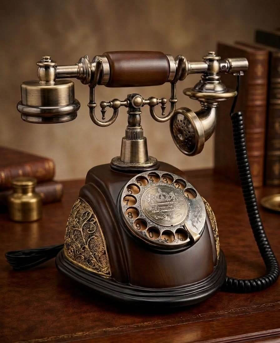 Vintage Rotary Desk Telephone – Classic Antique Style Phone on a wooden desk with decorative elements.
