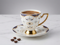 Karaca Bilge Turkish Coffee Cup with evil eye design and gold-tone accents on saucer.